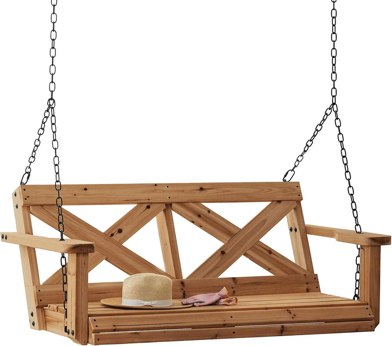 55" Cedar Wood Farmhouse Outdoor Porch Swing Bench with Two-Person Seating, Durable Hanging Chains, Water-Resistant, Heavy-Duty 600 Lbs Weight Capacity for Patio, Deck, Garden H9617