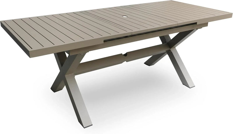 Extendable Patio Dining Table for 6-8, 63''-83'' Outdoor Aluminum Table w/Umbrella Hole, Rectangle Slatted Tabletop, Metal X-Trestle for Meals Garden Deck Backyard Gathering Party - Light Brown U2473