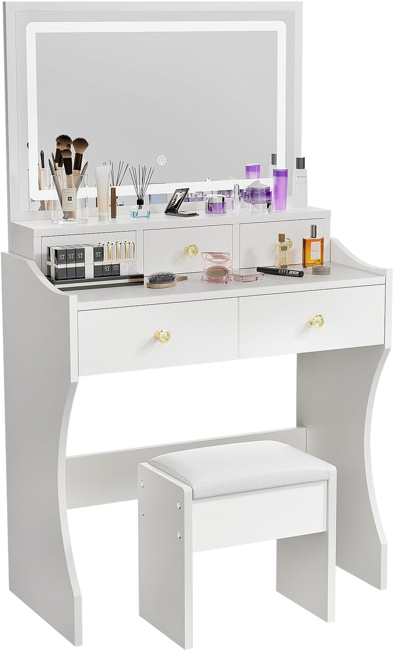 Makeup Table with Extra Large Mirror and Lights, 80cm Dressing Table with Stool B2891