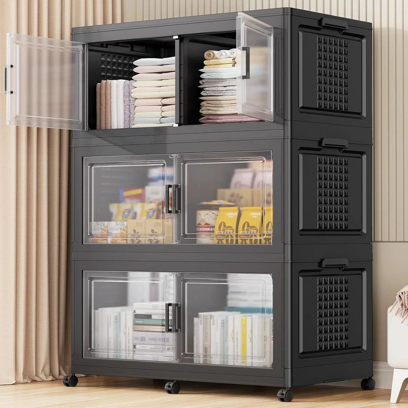 200Gal Extra Large Plastic Storage Bins with Lid & Wheels, Stackable Collapsible Bins with Dividers, Cube Closet Organizers and Storage Cabinet Shelves Box Roomy for Home Kitchen,4Pack White V1606
