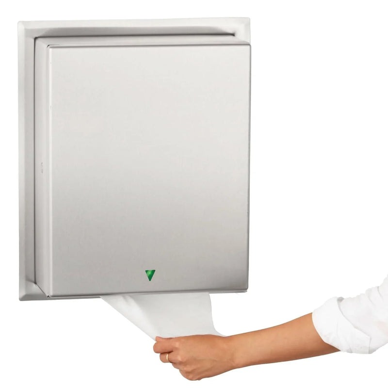 Automatic roll towel dispenser, semi-integrated design, matte stainless steel material, adjustable sensor, LED light guide, no contact operation, AC adapter/battery power supply, universal roll towel compatibility G6286