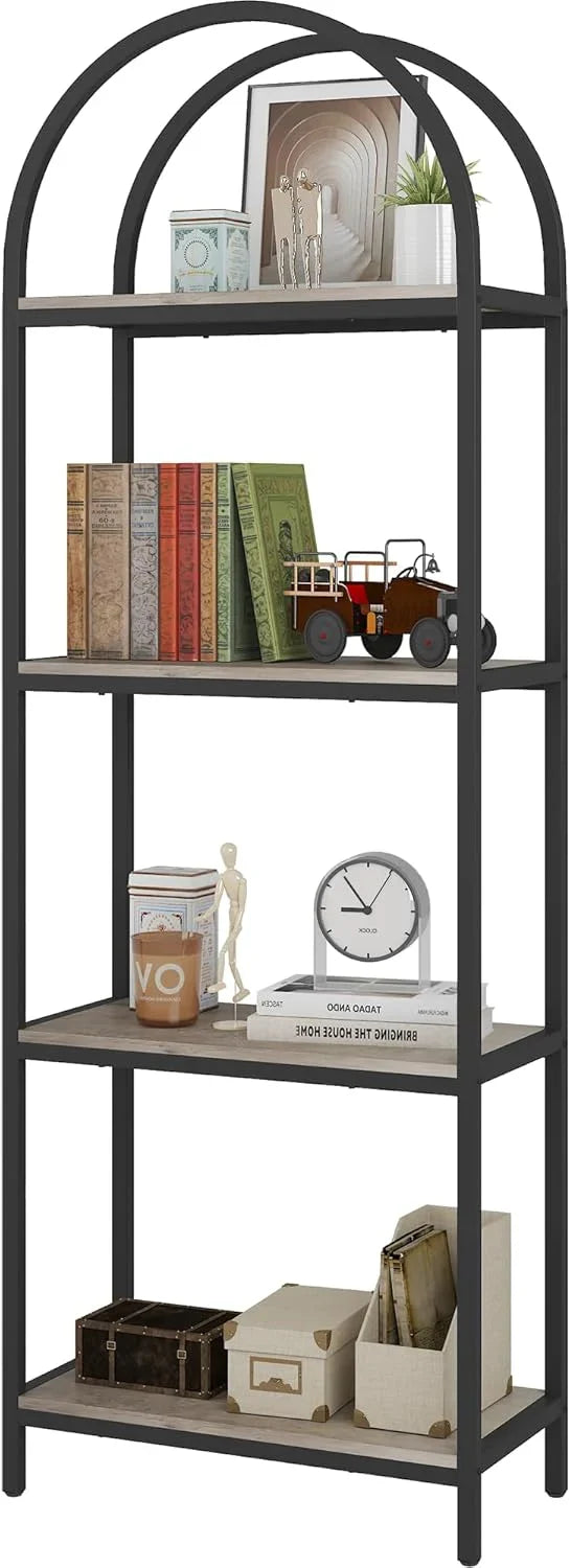Yusong Bookshelf Rattan Arched Bookcase, 74" Tall Industrial Open Book Shelves Room, Modern Freestanding Boho 5 Tier Display Storage Rack with Metal Frame, Office, Bedroom, Burlywood Y3659