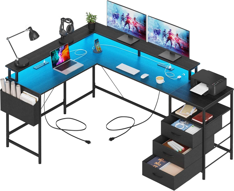 3 Drawers L Shaped Desk 63 Inch, 2 Power Strips (6 AC) and LED, Large Gaming Desk & 2 Monitor Stands, L Shape Computer Desk, Stable and Sturdy Home Office Desk, Fabric Drawers, Black L5165