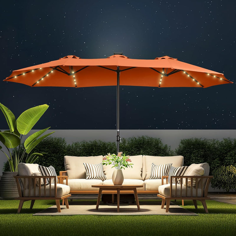 Double Sided Patio Umbrellas - 15ft Solar Lights LED Lighted Outdoor Extra Large Market Table Umbrella with Base Included, Oversized Umbrella for Deck, Pool, Backyard (Beige) U9538