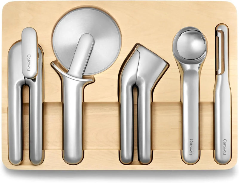 Kitchen Tool Set - Five-piece essential kitchen items - Made of stainless steel - Includes can opener, pizza cutter, garlic press, ice cream scoop, vegetable peeler and storage organizer box V5696