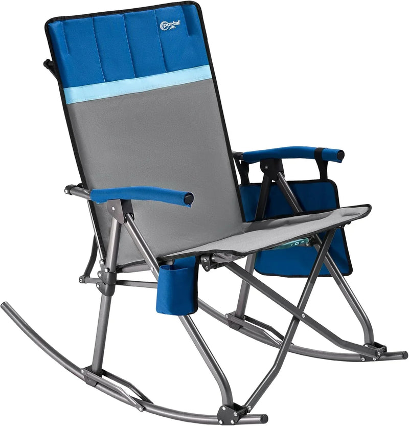 Large-sized foldable rocking chair-style camping chair. Portable outdoor rocking chair, equipped with a high back and sturdy armrests. The carrying bag can bear a weight of 300 pounds. The back of the seat has padding. The color is blue. H3654