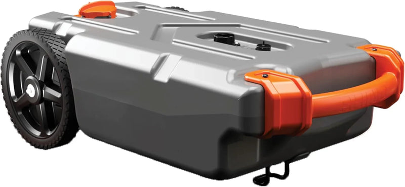 28-gallon portable camping vehicle/rv travel tank | Equipped with 2 controllable non-flat-front wheels and built-in valve | Includes detachable 24-inch tow bar, 3-foot sewage hose and other RV accessories U3824