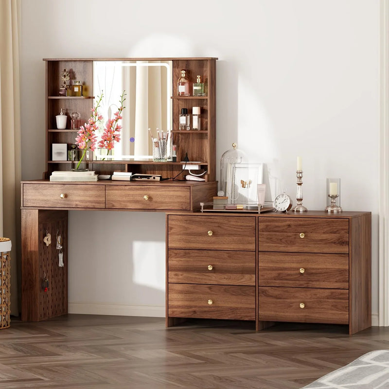 Makeup Vanity Desk with Mirror and Lights, Vanity Desk with 8 Drawers & Storage Shelves, Vanity Table with Power Outlet, 3 Color Modes & Adjustable Brightness Dressing Table, Bedroom,White2 X1854