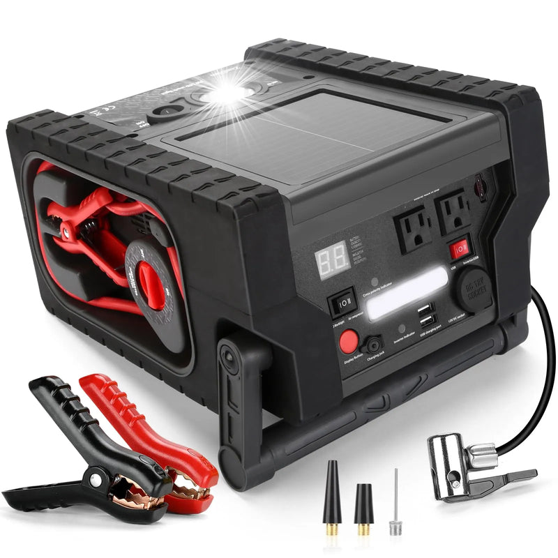 ZD-529 Solar Portable Power Station 2000 Amps Jump Starter, 260 PSI Air Compressor, 12V Car Battery Charger with 400W Inverter Dual AC/DC/USB Output, Emergency Backup Power with Flashlights L8786