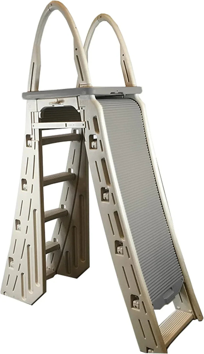 Confer Plastics 7200 Roll Guard 48" to 56" Adjustable A Frame Safety Ladder for Above Ground Outdoor Patio Swimming Pool Platform Ladder with Step Barrier, Warm Grey… J2620