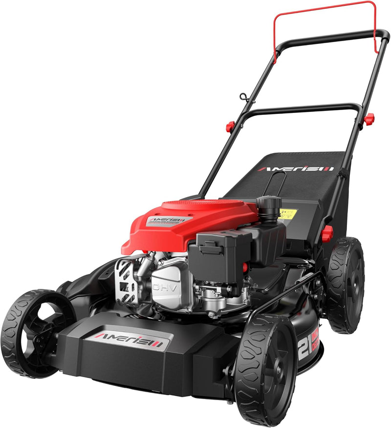21" Steel Deck Gas Lawn Mower, 3-in-1 Push Mower, 144cc 4-Stroke OHV Engine, 6 Height Adjustment, 1.4 Bushel Grass Catcher with Bagging, Mulching & Side Discharge Efficient for Yard Garden K4209