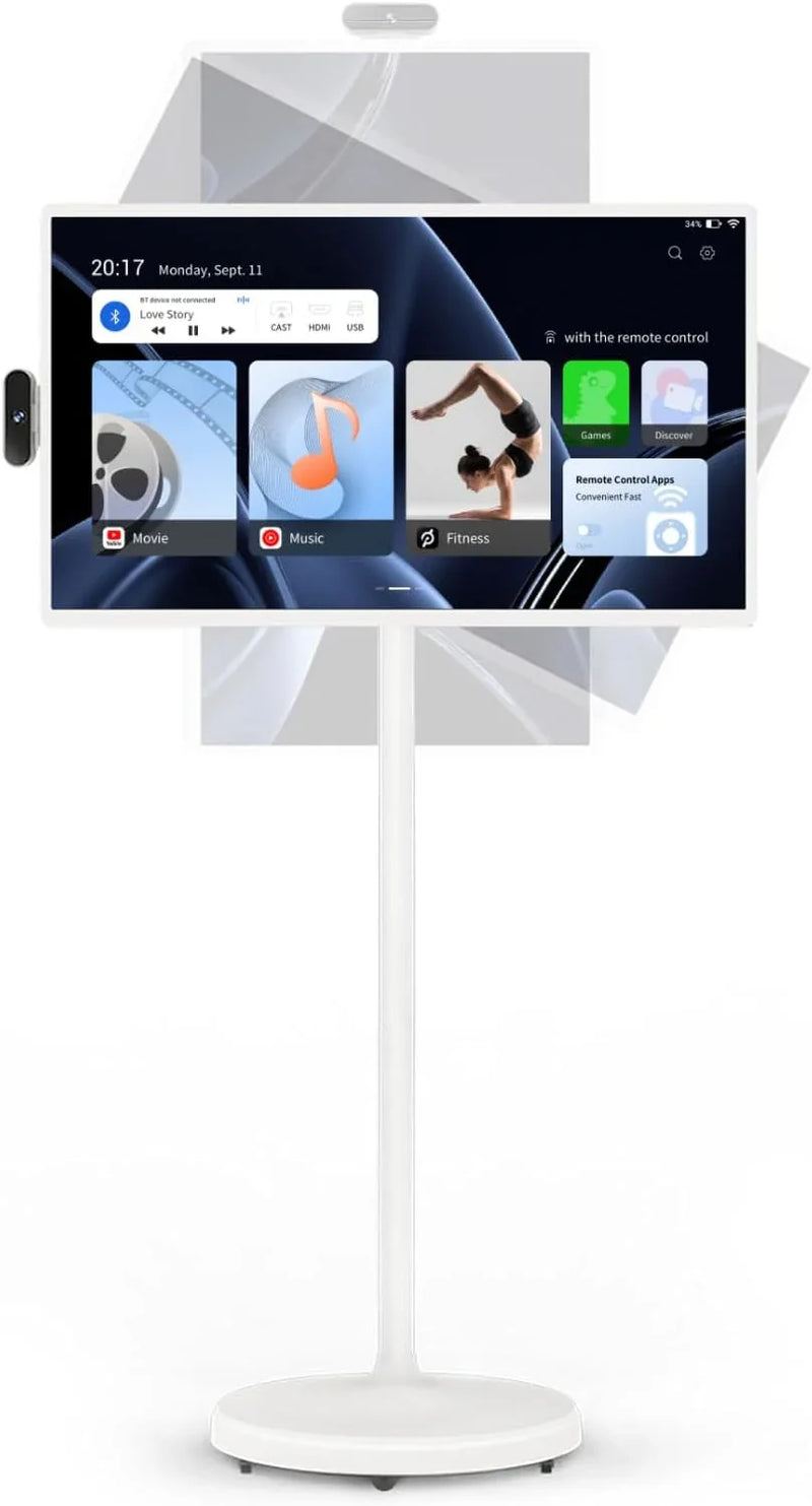 32-Inch Portable TV, 1080P FHD Rolling TV on Wheels with Rotatable Touch Screen, Android 13 OS, 8G RAM 128G Storage, Built-in Battery, Full Swivel Rotation, Voice Remote Z1010