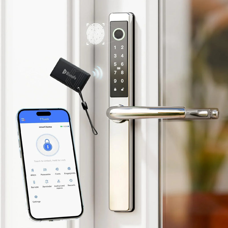 Smart Lock Fingerprint Door Lock with IC Card & App Control, Keyless Entry Smart Door Lock for 40–75mm Doors, Multipoint Locking System Door Lock Apply toWooden/Metal/PVC Door (OS Frosted Silver) O4435