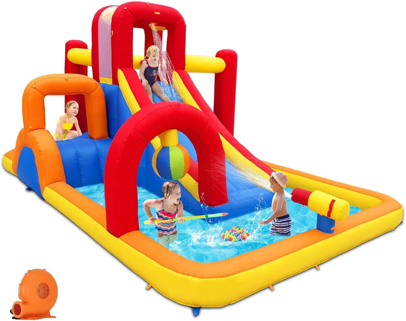 Inflatable Water Slide, 10 in 1 Water Park Bounce House with Blower, Splash Pool, 2 Slides, Water Cannon, Climbing Wall, Blow up Water Slides for Kids Outdoor Backyard H1838