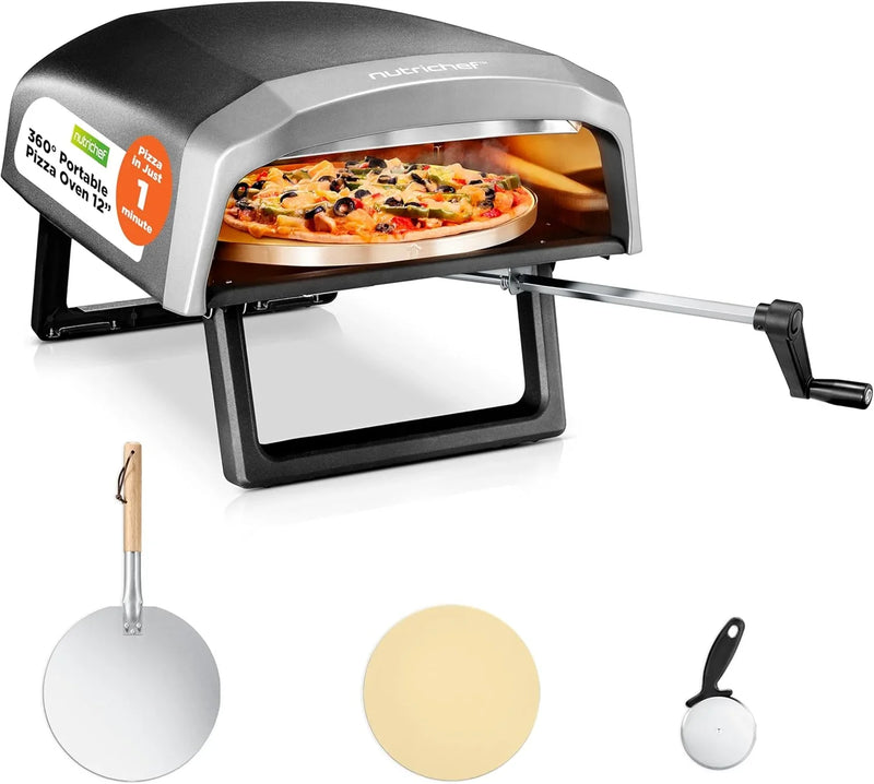Outdoor pizza oven, equipped with 360-degree rotating pizza stone | Adjustable temperature control | Includes pizza shovel, pizza knife, stone, lid and hose | Can bake a 12-inch pizza in 60 seconds | 32.9 x 16.1 x 12.4 inches S7283