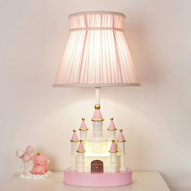 Cartoon children's table. Light pink bedside table. Princess-style cute castle-shaped resin material lamp for girls' bedroom and living room, with fabric shade cover. W5374