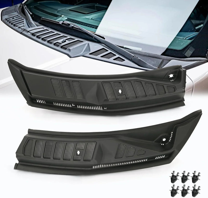 The front windshield wiper cover panel grille is compatible with the 2009 - 2014 models of F150. It features two front insert panels on both the left and right sides. S3044
