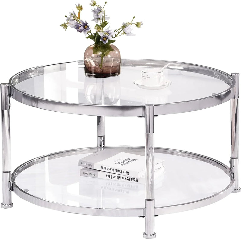 A round coffee table with a metal frame, the surface is made of chrome-plated acrylic glass. Z6745