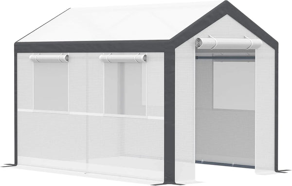 A 20-foot x 10-foot x 9-foot walk-in green house with an outdoor garden greenhouse, equipped with 6 roll-up windows, 2 zipper doors and a rain cover, in white color. F1378