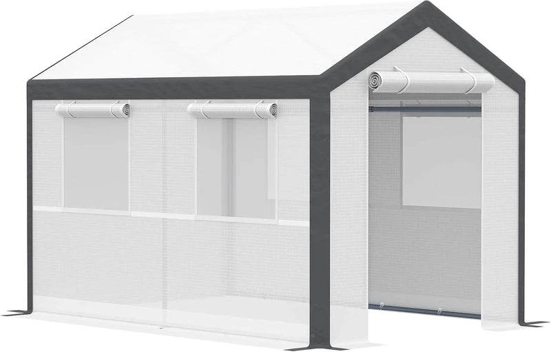 A 20-foot x 10-foot x 9-foot walk-in green house with an outdoor garden greenhouse, equipped with 6 roll-up windows, 2 zipper doors and a rain cover, in white color. F1378