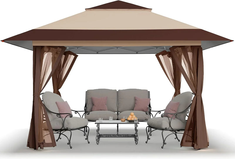 CROWN SHADES 13x13 Pop Up Gazebo, Canopy Tent, Gazebos on Clearance - Outdoor Gazebo for Backyard & Patio Furniture - Carpa Pop Up Tent with Wheeled STO-N-Go Cover Bag (Beige & Coffee) L4845