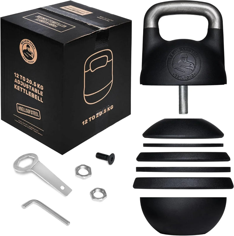 Adjustable Kettlebell Set [Bells of Steel] Kettle Bell Weight Set, Steel Shell, Internally-Loaded for Full Body Workouts, Competition Standard 35mm Handle, 12-20.5kg Y3251