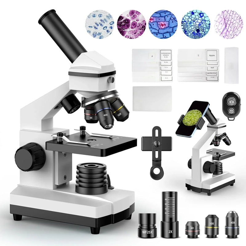 Compound Microscope for Adults & Kids - 100X-2000X High-Power Biological Microscope for Students, School Lab & Home Education, with Slides Set & Phone Adapter (White) O2849