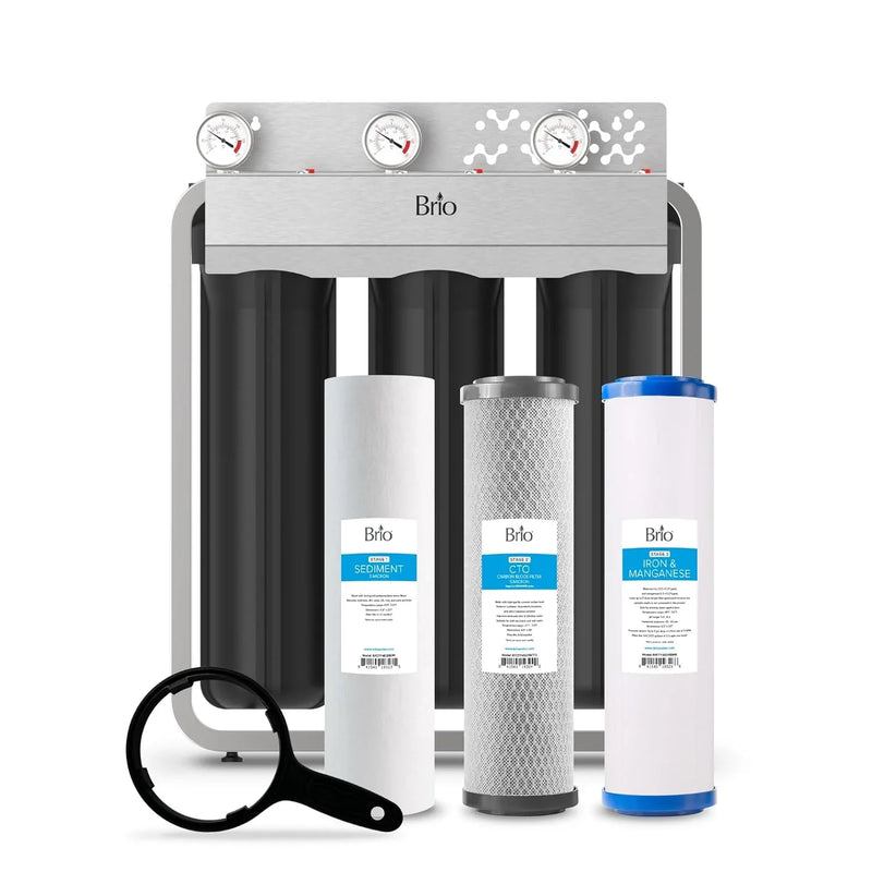 Whole-house filtration system, designed to remove iron and manganese, with a flow rate of 900 gallons per minute, dimensions of 4.5 inches x 20 inches, featuring a built-in sediment filter, activated carbon filter and iron/manganese K2124