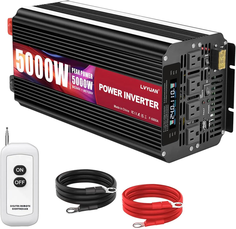 5000 Watt Power Inverter 12V to 110V 120V for Vehicle, Solar Inverter System, Heavy Duty, RV, Truck, Off Grid,Camping with 4 AC Outlets, LCD Display, Wireless Remote Control, Car Power Inverter W4849