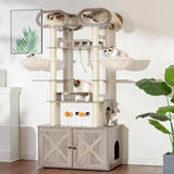 The Habori cat climbing frame with cat litter box storage box, a 76.8-inch wooden Menicos cat tower, equipped with a feeding station and a large platform, modern-style large cat apartment furniture, with a climbing column made of full Nisaal material