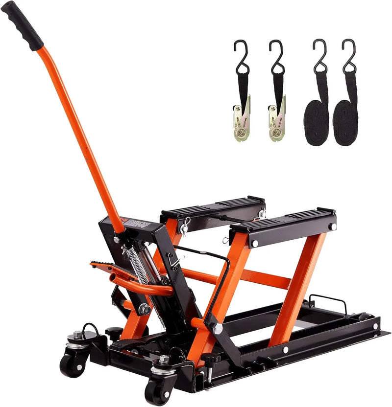 Hydraulic Motorcycle Lift Jack 1500 LBS Capacity ATV Scissor Lift Jack Portable Motorcycle Lift Table with 4 Wheels Hydraulic Foot-Operated Hoist Stand for Motorcycle ATV UTV Powersports O6174