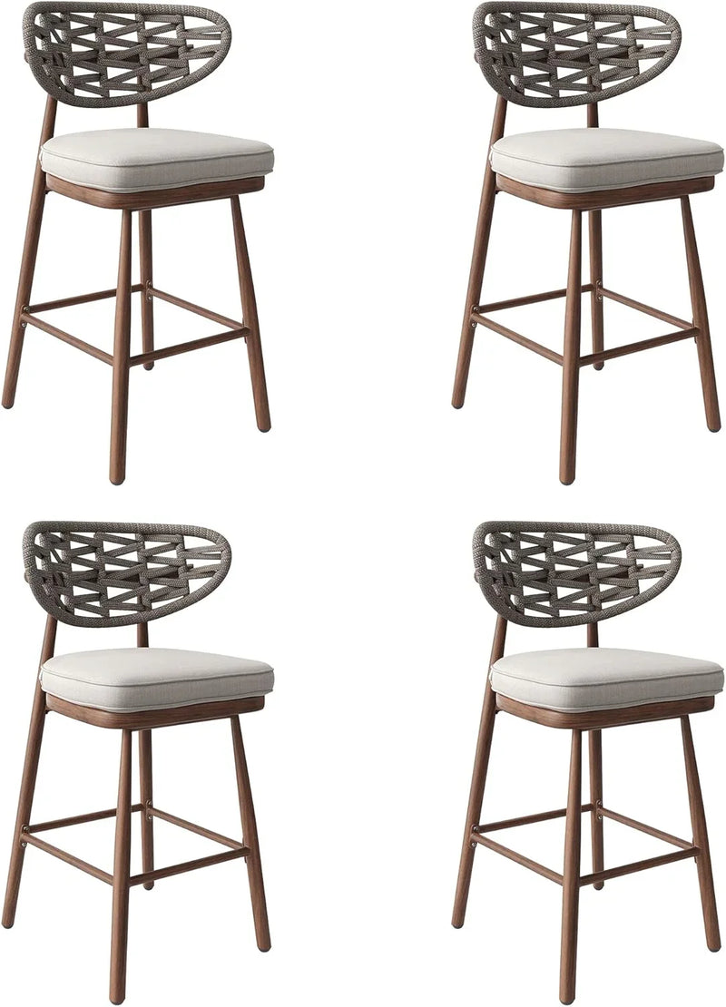 Outdoor Bar Stools Set of 2,Rattan Barstools Woven,29'' Bar Height Stools with Backrest and Teak Leg,Aluminum Bar Chairs Boho Bar Stool with Cushions,Tall Barstool for Patio,Teak B0925
