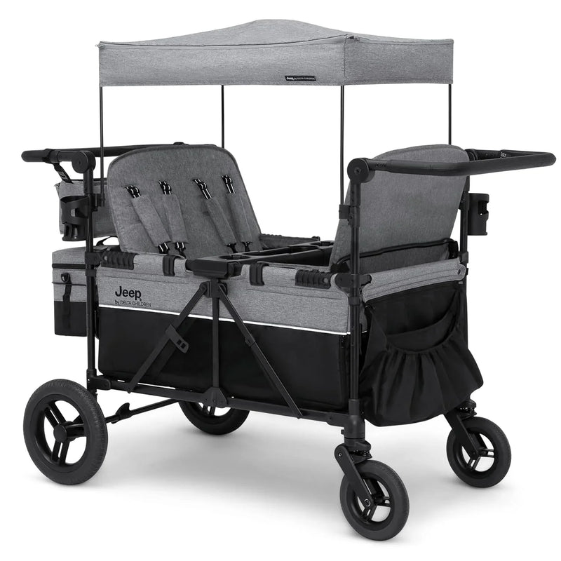 Luxurious 4-seater children's stroller - A high-end 4-seater children's stroller specially designed for 4 children, equipped with convertible seats, adjustable push-pull handles, detachable sunshade, and flat folding device. The color is grey. K0116