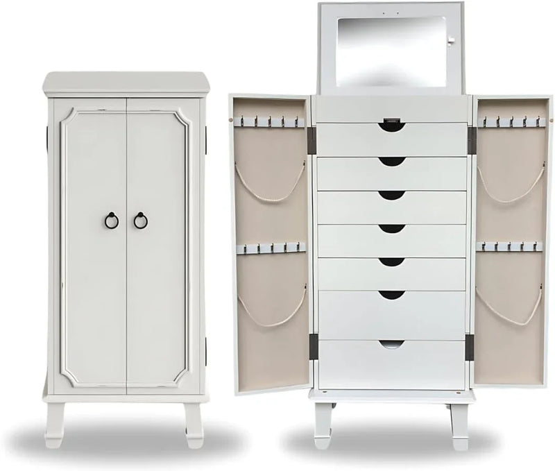 Hives and Honey Cabby Standing Jewelry Armoire – Fully Locking Wood Jewelry Storage with Mirror, 7 Drawers, Necklace Hooks, and Anti-Tarnish Lining — Turquoise S0610
