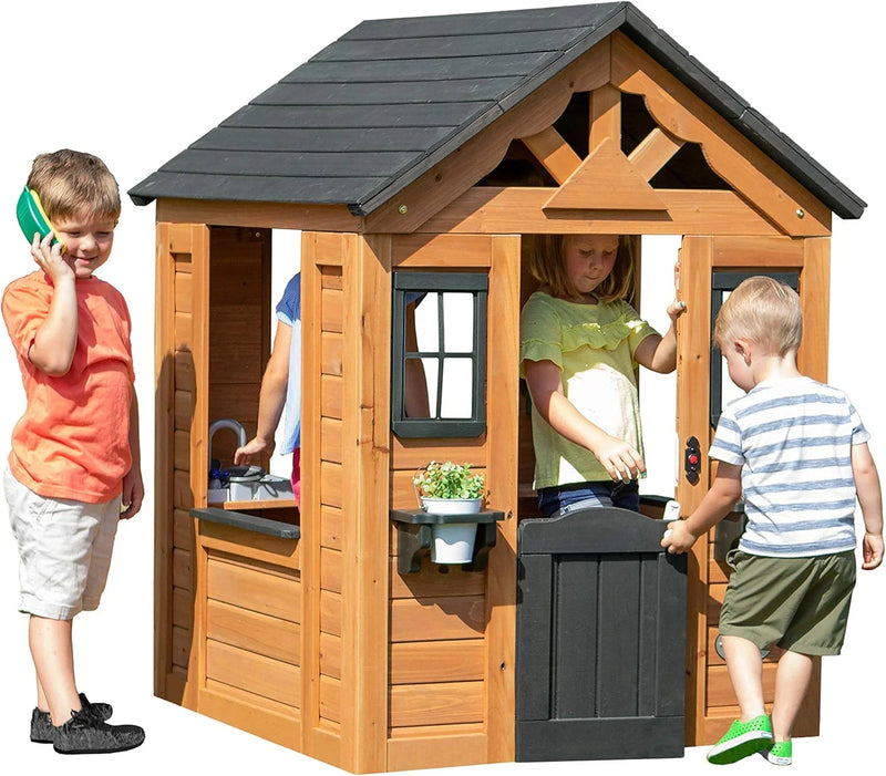 Children's playhouse cabin, equipped with a game kitchen, snack bar, half-door, toy phone, windows, flower pot stand and an operable doorbell, suitable for creative outdoor games. I2234