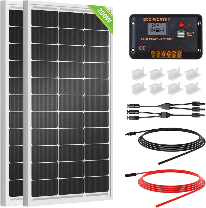 200 Watts 12 Volt/24 Volt Solar Panel Kit with High Efficiency Monocrystalline Solar Panel and 30A PWM Charge Controller for RV, Camper, Vehicle, Caravan and Other Off Grid Applications I9662