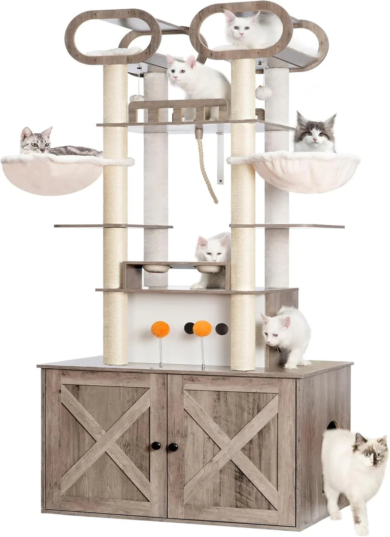 The Habori cat climbing frame with cat litter box storage box, a 76.8-inch wooden Menicos cat tower, equipped with a feeding station and a large platform, modern-style large cat apartment furniture, with a climbing column made of full F6623