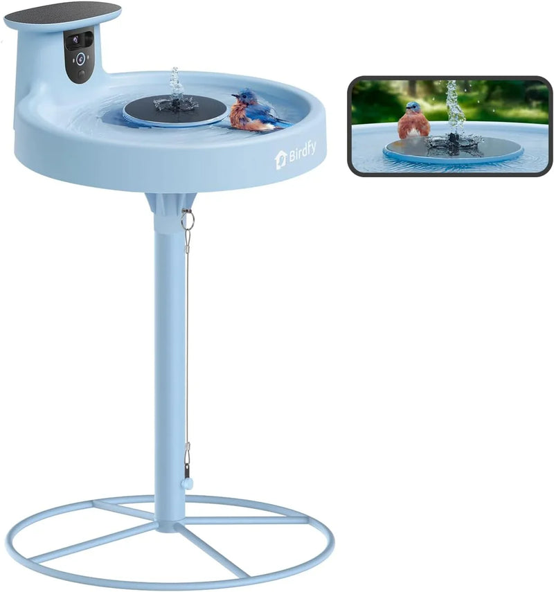 Smart Bird Bath, equipped with a camera, solar power supply, fountain and stand. It features a dual-lens camera for bird observation, automatically captures bird videos and has motion detection functionality. F8910