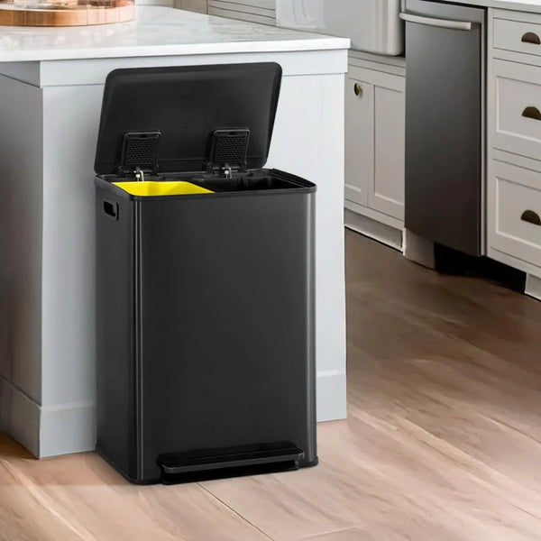 CAPHAUS Dual Trash Can with Double Lid, Trash and Recycle Bins Combo, Hands-free Stainless-Steel Garbage Can for Kitchen, with 2 Compartment, Hinged Lid, Odor Filters, Handles, 25L 25L, 2 x 6.6 Gallon S2019