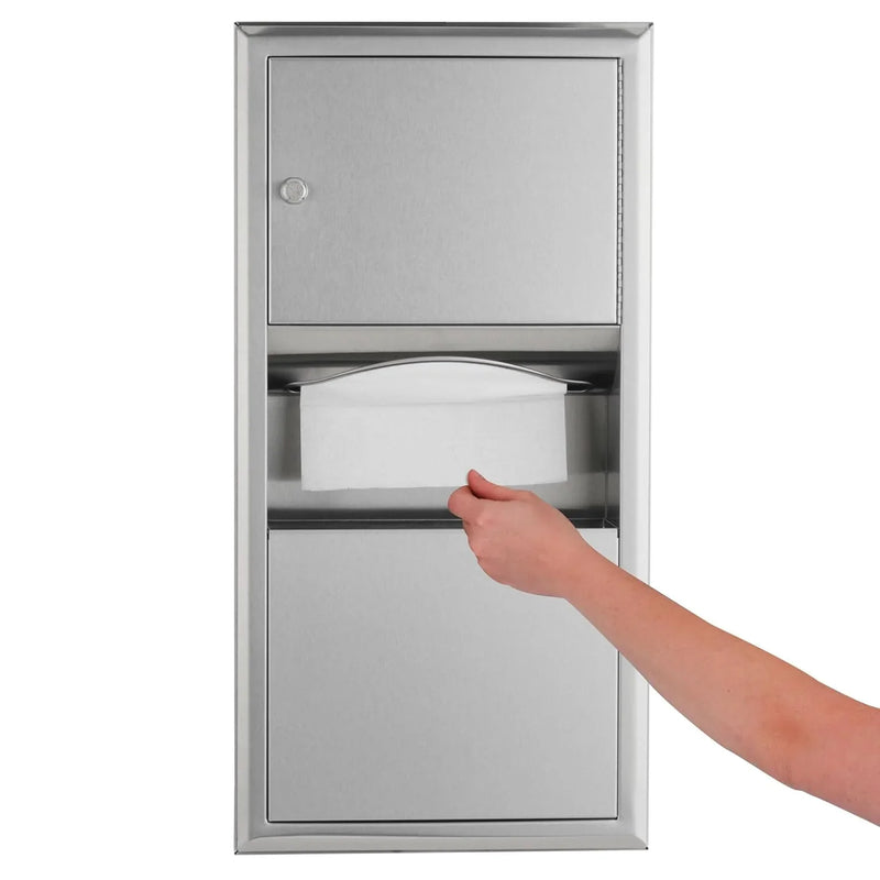Wall-mounted tissue dispenser and waste paper storage box. Mirror-polished stainless steel material. 2-gallon capacity. Can hold 350 single-layer or 475 multi-layer tissues. Easy to install. Suitable for commercial bathrooms. P1726