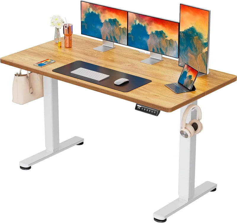 Height Adjustable Electric Standing Desk, 40 x 24 Inches Sit Stand up Desk, Small Memory Computer Home Office Desk with Two-Piece Desktop (Light Vintage Brown) B4705