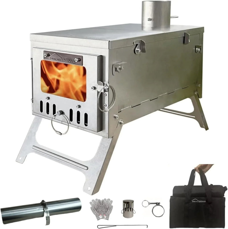 Titanium alloy tent wood stove for camping, 2 kilograms, foldable, lightweight and compact portable heat tent stove, comes with a 2.2-meter chimney, suitable for winter backpacking camping. Q2672