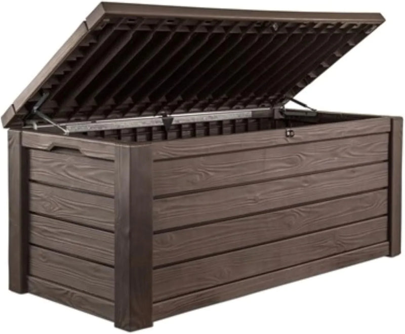 Outdoor storage deck box, 150-gallon resin deck storage box and bench, with wood-grain design, in brown color scheme F4389