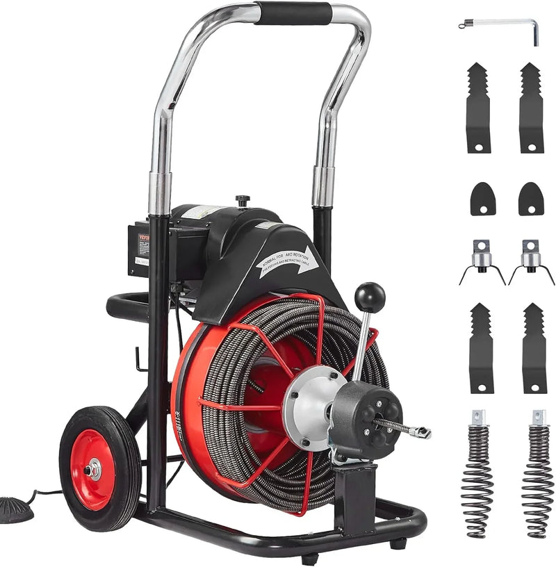 Drain Cleaner Machine 100FT x 1/2 Inch, Auto Feed Sewer Snake Auger on Wheels, 550W Portable Drain Cleaning Machine with 8 Cutters & Air-activated Foot Switch for 2" to 4" Pipes F3196