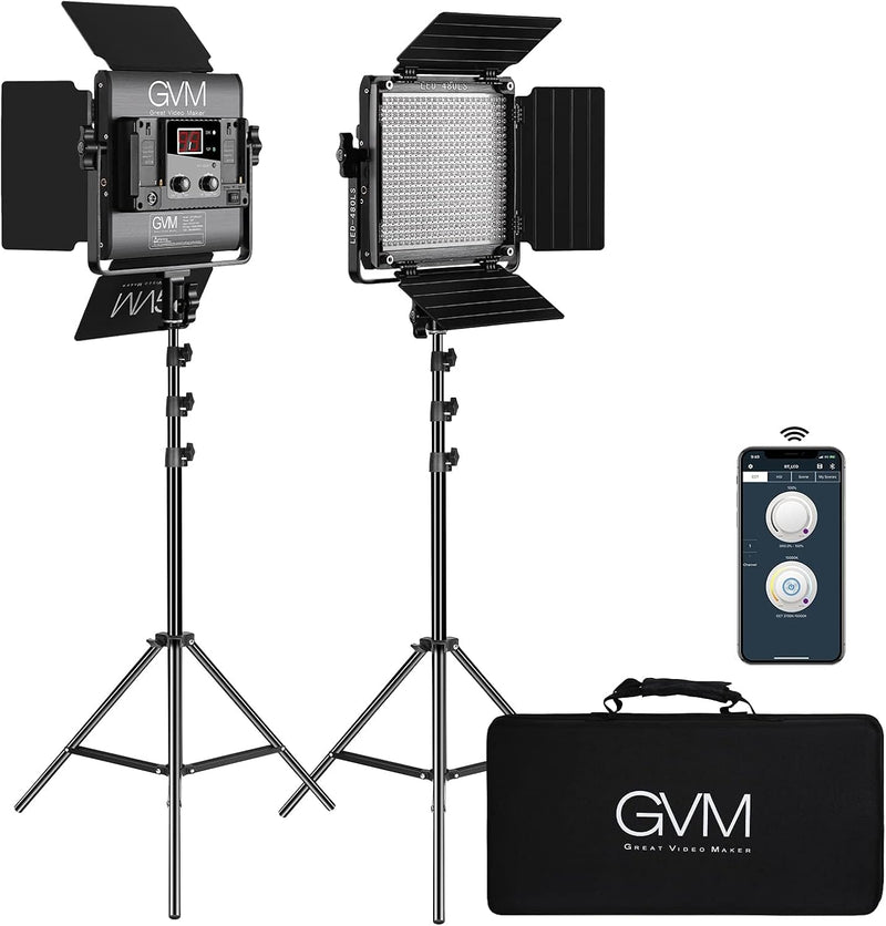 2 Pack LED Video Lighting Kits with APP Control, Bi-Color Variable 2300K~6800K with Digital Display Brightness of 10~100% for Video Photography, CRI97 TLCI97 Led Video Light Panel Barndoor M1196