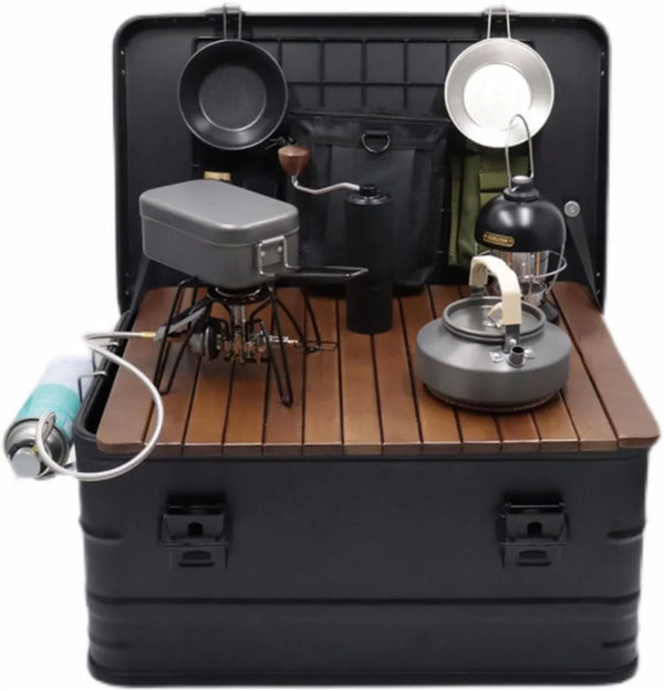 Camping box - Waterproof outdoor metal storage box, 47 liters, portable RV box, equipped with a wooden table and a set of 3 storage bags, large capacity storage box N0260
