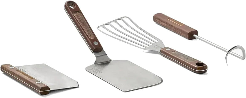 4-piece frying pan set - includes frying pan spatula, workbench scraper, fish spatula and pigtail flipper - brown linen micro-carbon fiber handle X8734