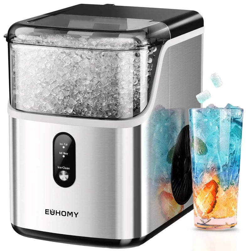 Desktop ice machine, pebble-style ice machine with 35 pounds/24-hour soft ice function, automatic cleaning sonic ice machine with ice scoop and ice box, granular ice machine (in stainless steel) suitable for home/kitchen/office W7337