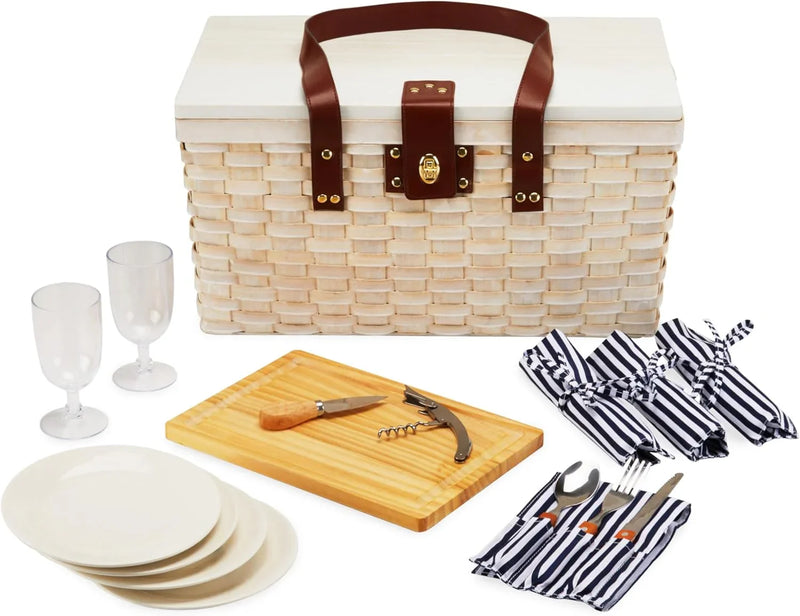 Outdoor picnic basket (with lid and handle), four-person picnic basket (including accessories) picnic equipment set (28-piece set) A6287
