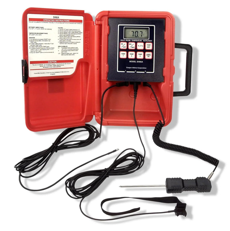 A thermoresistance thermometer with a liquid crystal display, in a red color, with a temperature range of -40°F to 300°F. H5326